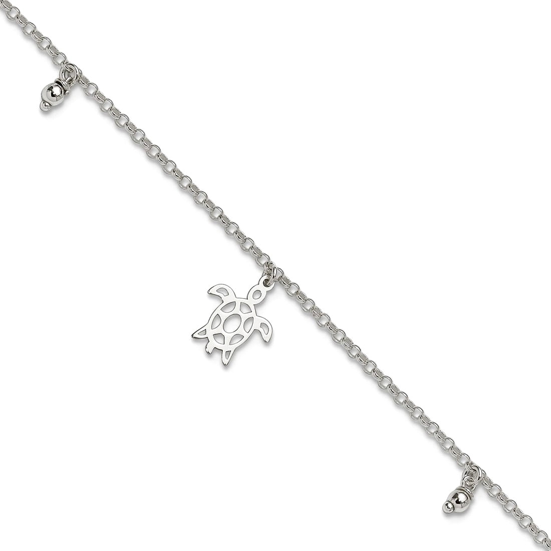 925 Sterling Silver Turtle and Dangle Beads With 1inch Ext. Anklet 9 Inch 10.6mm Wide Anklet for Women