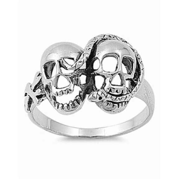 925 Sterling Silver Twin Skull Snake Ring Size 9