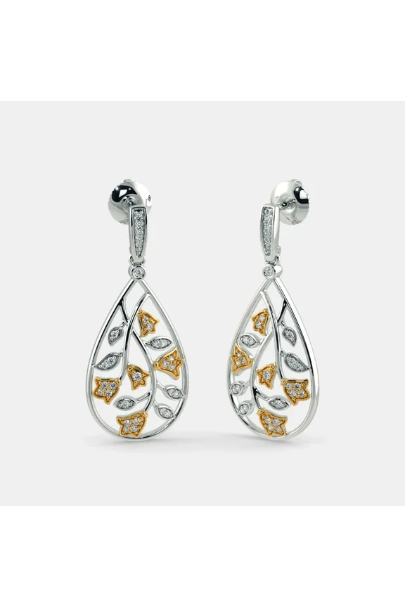 925 Sterling Silver Two-Tone Enchanted Vine Drop Earrings, Mixed Metal Floral Leaf Dangle Earrings with CZ, Elegant Botanical Statement Jewelry