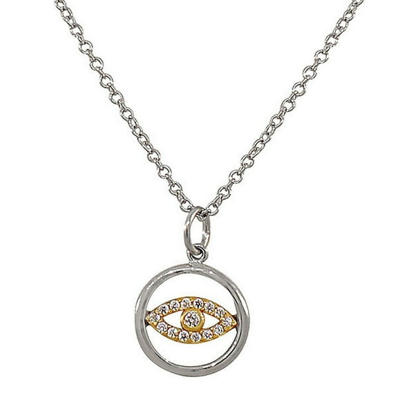 925 Sterling Silver Two-Tone Evil Eye Hamsa White CZ Womens Small Pendant Necklace