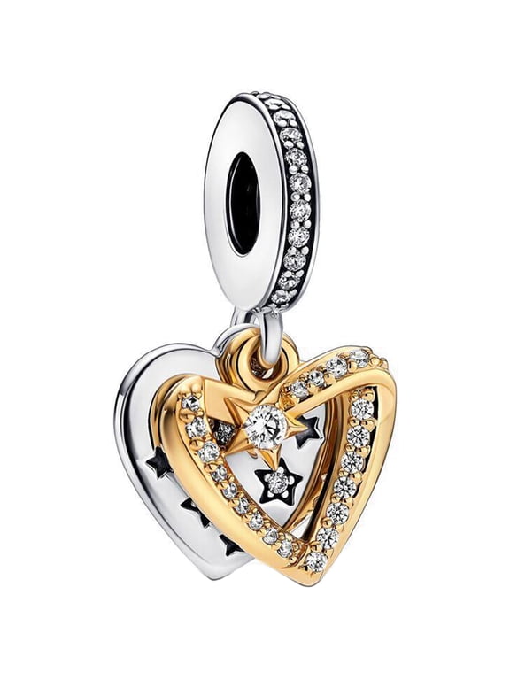 925 Sterling Silver Two Tone Heart Dangle Charm for Bracelet Charms Bangle Pendant Jewelry