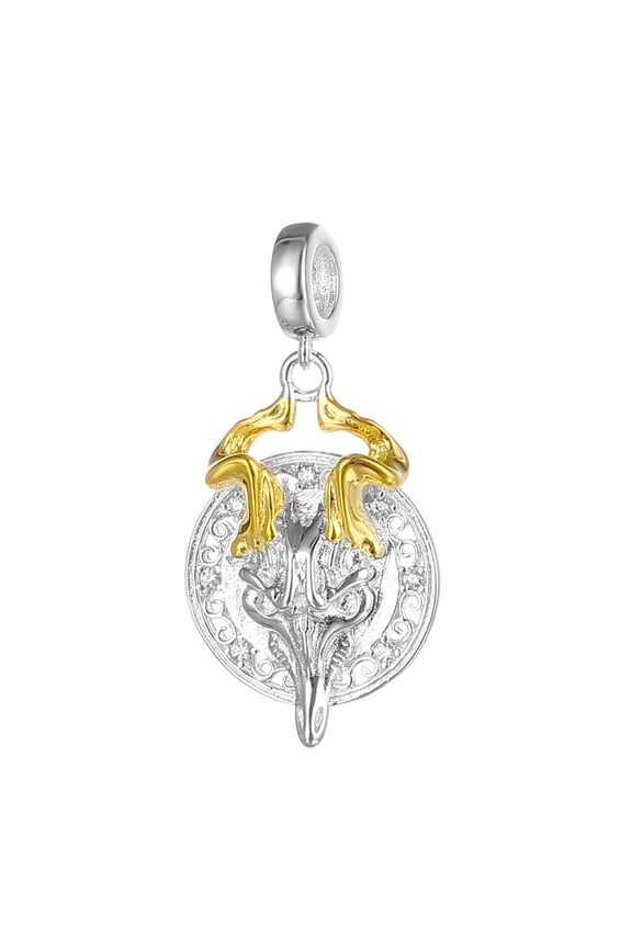 925 Sterling Silver Two Tone Horn Goat Skull Dangle Charm for Bracelet Charms Bangle Pendant Jewelry