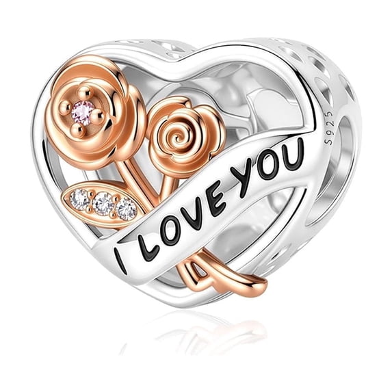 925 Sterling Silver Two-Tone Rose Heart Charm For Bracelets & Bangle Pendant Jewelry
