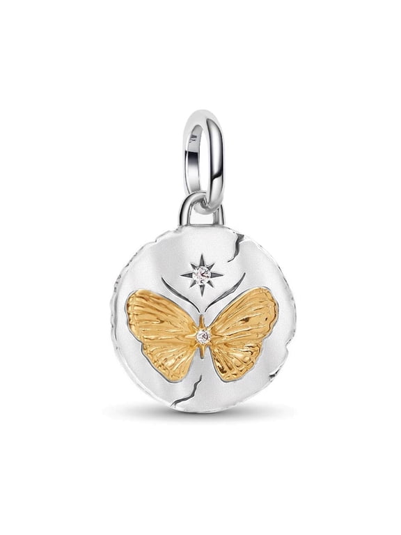 925 Sterling Silver Two-tone Gold Butterfly Dangle Charm for Bracelet Charms Bangle Pendant Jewelry