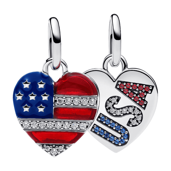 925 Sterling Silver USA Hearts Double Dangle Charm for Bracelet Charms Bangle Pendant Jewelry