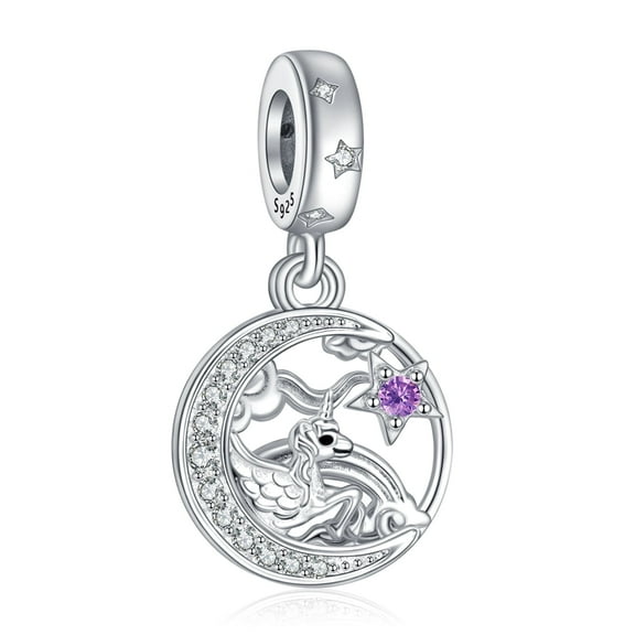 925 Sterling Silver Unicorn On Moon Dbouble Pieces Dangle Charm for Women Charm Bracelet & Necklaces