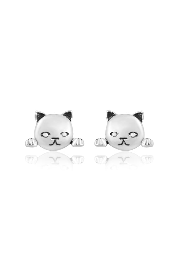 925 Sterling Silver Unique Cat Face Women Animal Studs Earrings