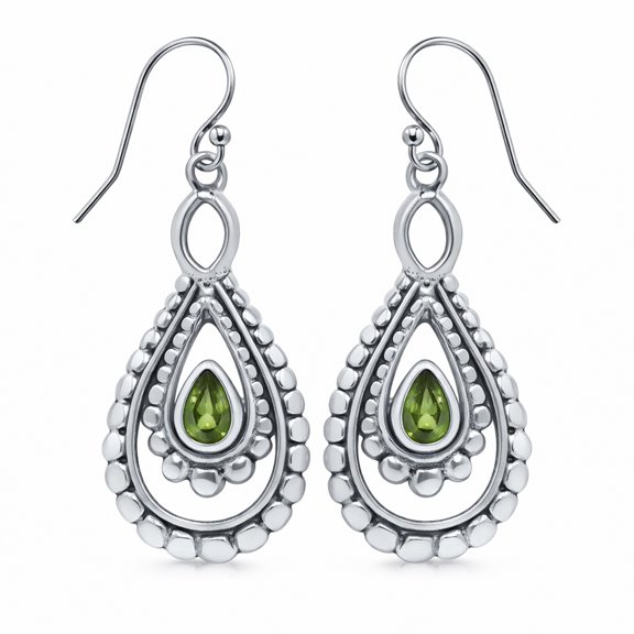 Tibetan Silver 925 Sterling Peridot Drop Earring for Women Handmade Boho Jewelry