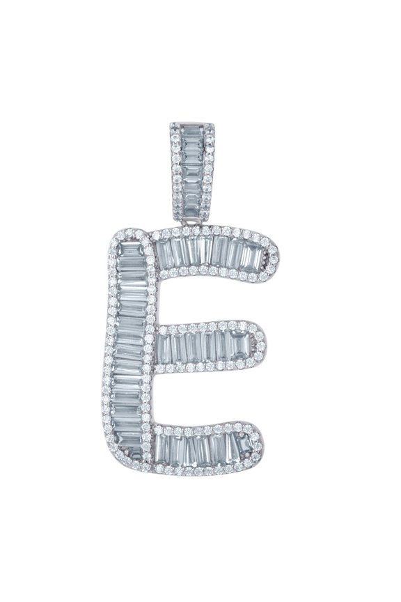 925 Sterling Silver Unisex Baguette Cubic Zirconia E Alphabet Letter Name Personalized Monogram Initials Charm Pendant N