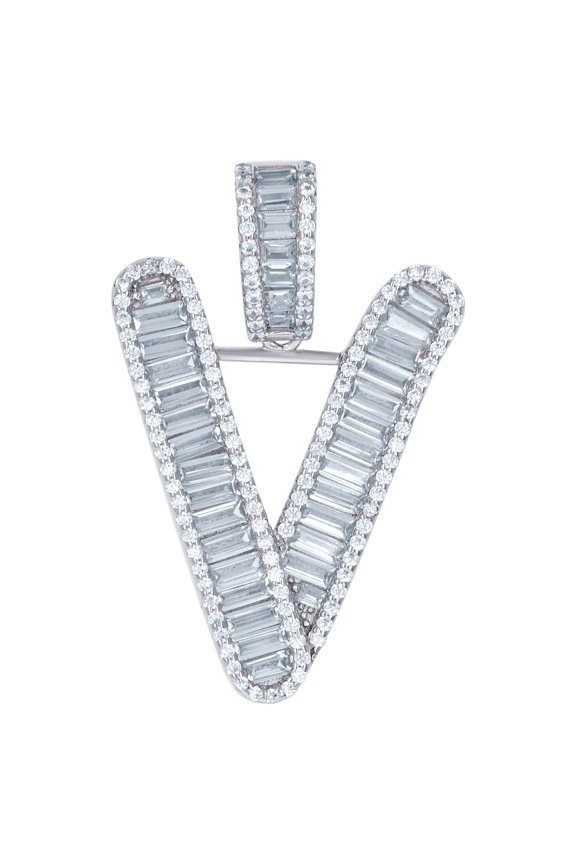 925 Sterling Silver Unisex Baguette Cubic Zirconia V Alphabet Letter Name Personalized Monogram Initials Charm Pendant N