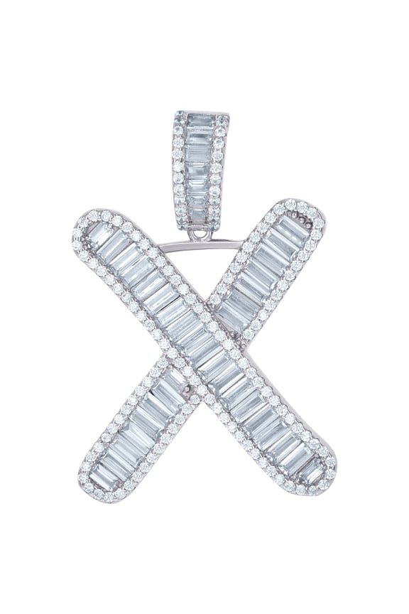 925 Sterling Silver Unisex Baguette Cubic Zirconia X Alphabet Letter Name Personalized Monogram Initials Charm Pendant N