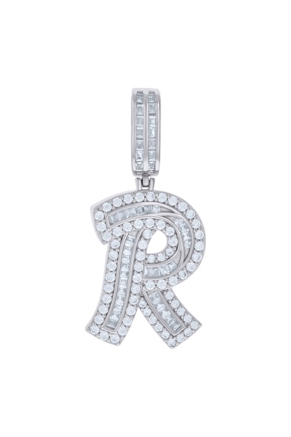 925 Sterling Silver Unisex Baguette Round Cubic-Zirconia R Alphabet Initials Charm Pendant