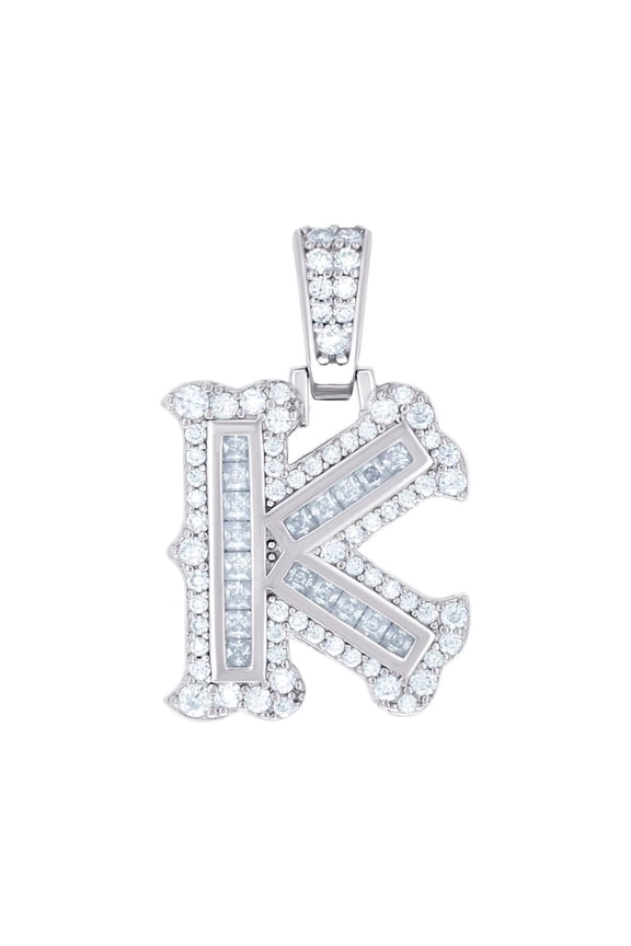 925 Sterling Silver Unisex Baguette Round Moissanite 0.64ct Letter Name Personalized Monogram Initial Alphabet K Charm P