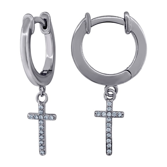 925 Sterling Silver Unisex Cubic Zirconia Cross Religious Dangle Hoop Earrings 24.7x13.3mm Wide Hoop Earring for Women