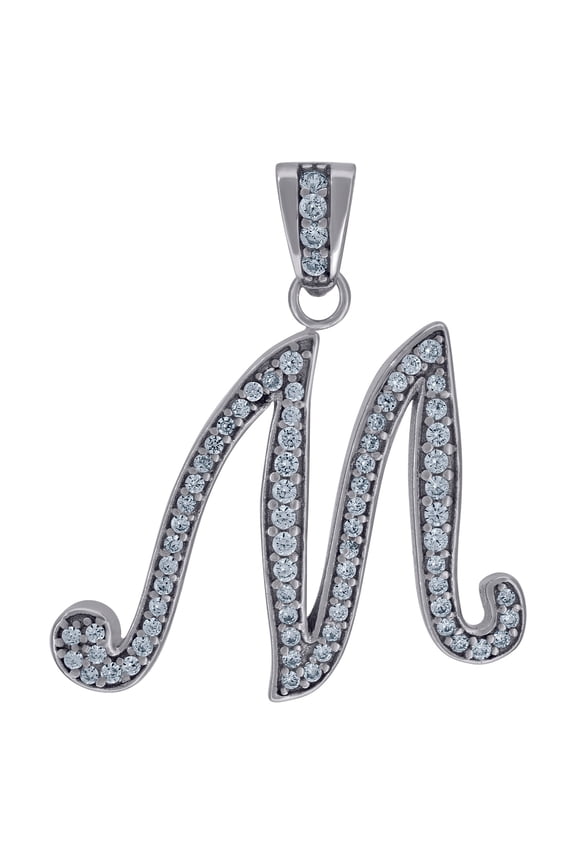 925 Sterling Silver Unisex Cubic Zirconia Letter Name Personalized Monogram Initial Alphabet M Charm Pendant Necklace 28