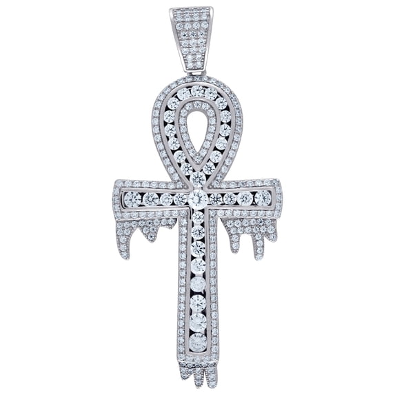 925 Sterling Silver Unisex CZ Dripping Ankh Cross Religious Charm Pendant Necklace 60x26mm Wide Pendant for Women