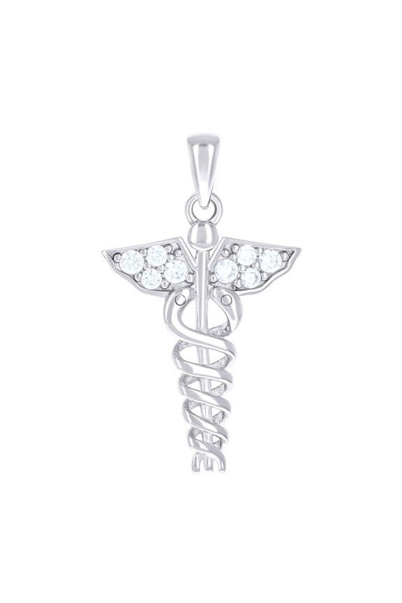 925 Sterling Silver Unisex Cubic-zirconia Caduceus Medical Symbol Occupation Pendant for Men Women