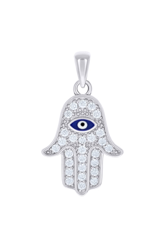 925 Sterling Silver Unisex Cubic-Zirconia Enameled Evil Eye Hamsa Pendant