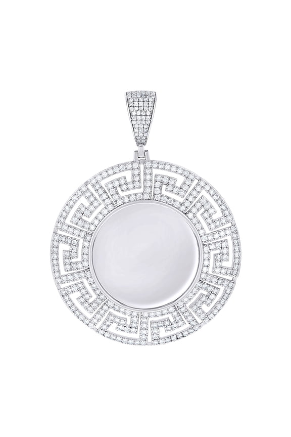 925 Sterling Silver Unisex Cubic-zirconia Greek Key Memory Circle Photo Frame Charm Pendant for Men Women