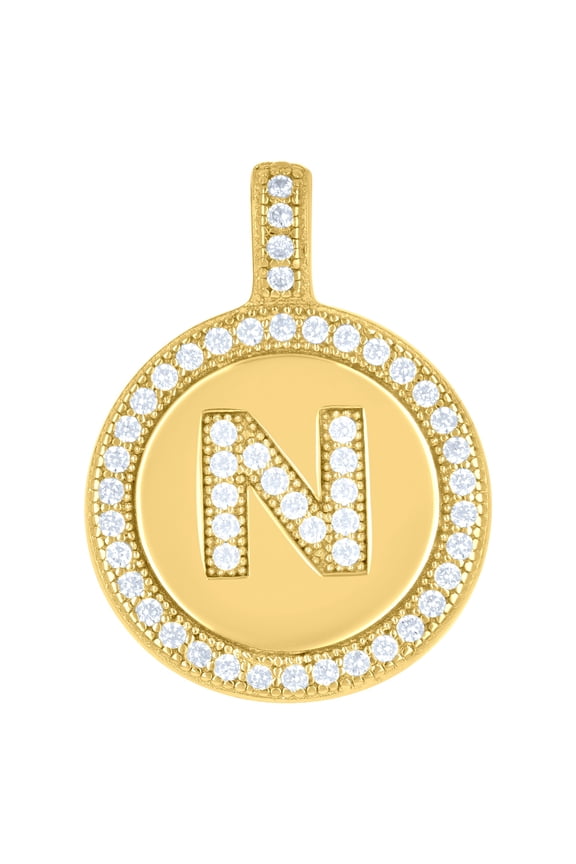 925 Sterling Silver Unisex Cubic-zirconia Initial Alphabet N Disc Pendant Charm for Men Women