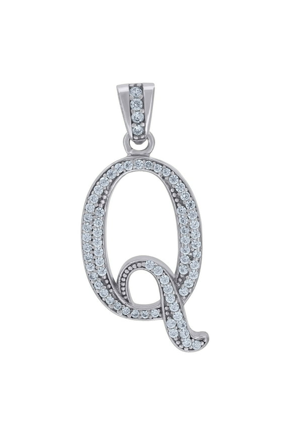925 Sterling Silver Unisex Cubic-zirconia Initial Alphabet Q Charm Pendant for Men Women