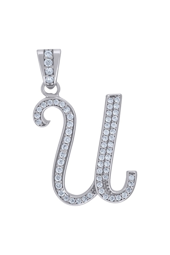 925 Sterling Silver Unisex Cubic-zirconia Initial Alphabet U Charm Pendant for Men Women