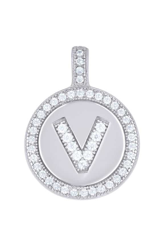 925 Sterling Silver Unisex Cubic-zirconia Initial Alphabet V Disc Pendant Charm for Men Women