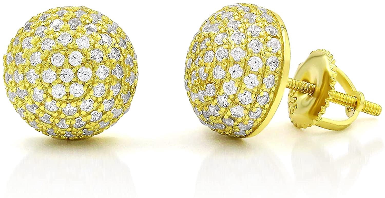 925 Sterling Silver Unisex Dome 3D Screw Back Stud Earring, Men's, Women, Gold Plated Micro Pave CZ Cubic Zirconia, Giorgio Bergamo Gold