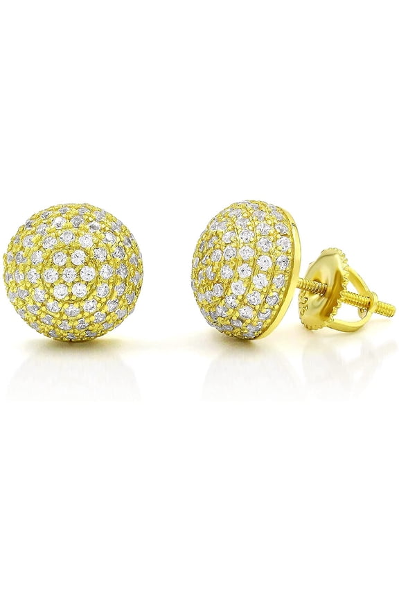 925 Sterling Silver Unisex Dome 3D Screw Back Stud Earring, Men's, Women, Gold Plated Micro Pave CZ Cubic Zirconia, Giorgio Bergamo Gold