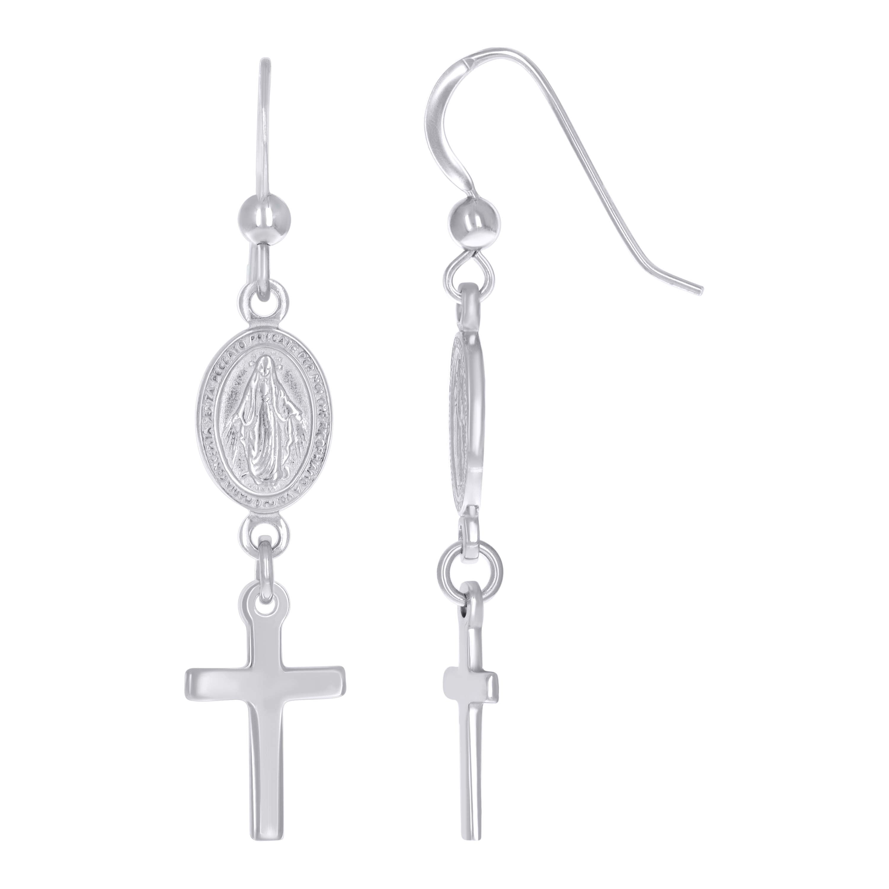 925 Sterling Silver Unisex Polished Shepherd Hook Lady Guadalupe / Mother Mary & Cross Dangler Earrings