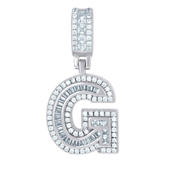 925 Sterling Silver Unisex Round and Baguette Cubic Zirconia Letter Name Personalized Monogram Initial Alphabet G Pendan