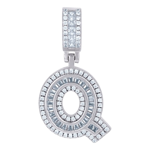 925 Sterling Silver Unisex Round and Baguette Cubic Zirconia Letter Name Personalized Monogram Initial Alphabet Q Pendan