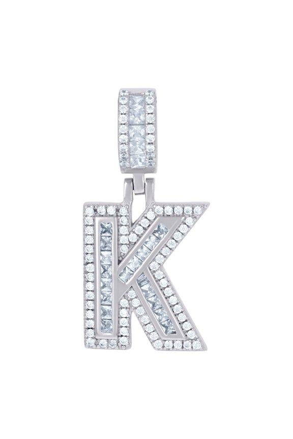 925 Sterling Silver Unisex Round and Baguette Cubic Zirconia Letter Name Personalized Monogram Initial Alphabet K Pendan