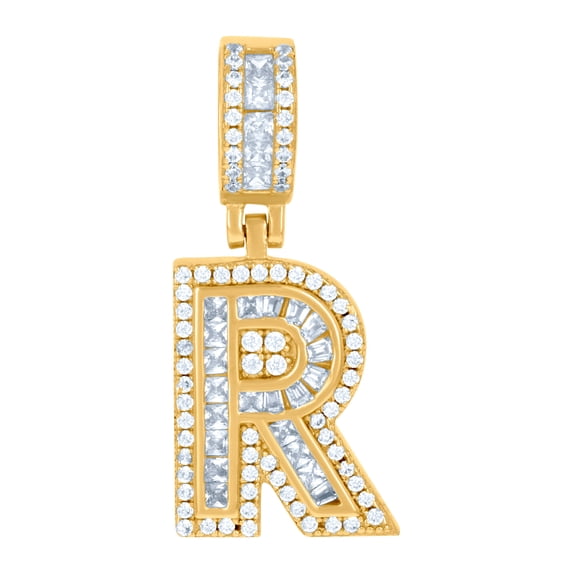 925 Sterling Silver Unisex Round and Baguette Cubic Zirconia Letter Name Personalized Monogram Initial Alphabet R Pendan