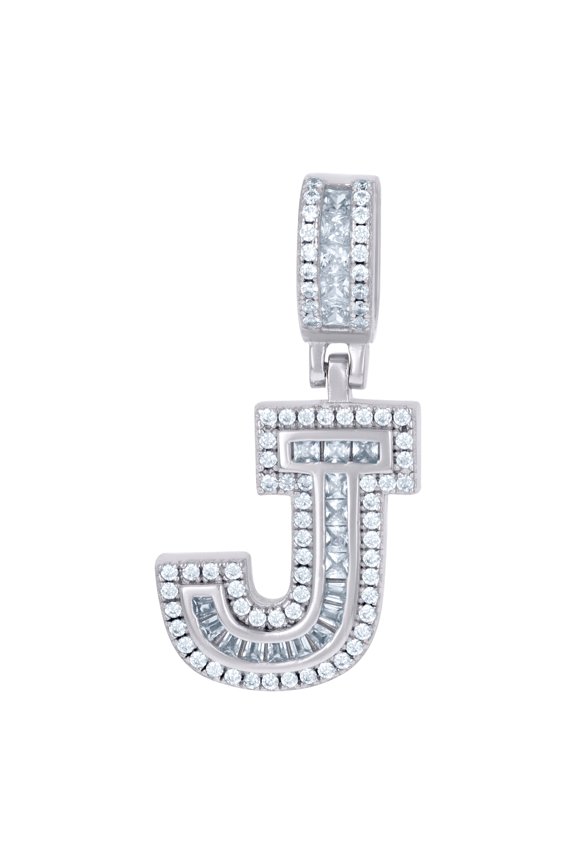 925 Sterling Silver Unisex Round and Baguette Cubic Zirconia Letter Name Personalized Monogram Initial Alphabet J Pendan