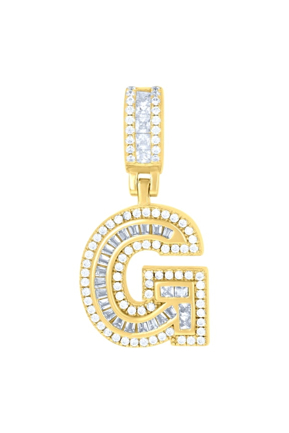 925 Sterling Silver Unisex Round & Baguette Cubic-zirconia Initial Alphabet G Pendant Charm for Men Women