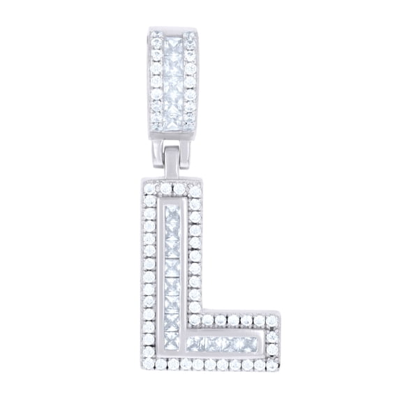 925 Sterling Silver Unisex Round & Baguette Cubic-zirconia Initial Alphabet L Pendant Charm for Men Women