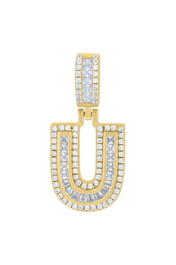 925 Sterling Silver Unisex Round & Baguette Cubic-Zirconia Initial Alphabet U Pendant Charm