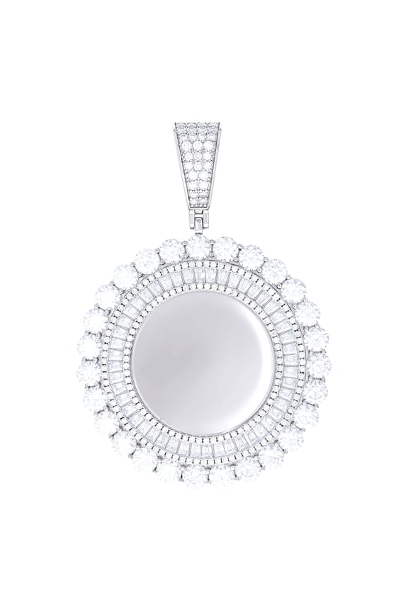 925 Sterling Silver Unisex Round Baguette Cubic-zirconia Memory Circle Photo Frame Charm Pendant for Men Women