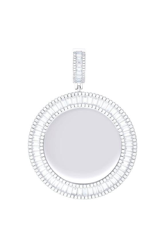 925 Sterling Silver Unisex Round Baguette Cubic-zirconia Memory Circle Photo Frame Charm Pendant for Men Women