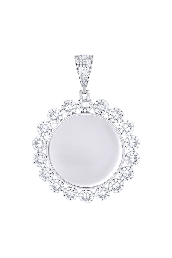925 Sterling Silver Unisex Round Baguette Cubic-zirconia Memory Circle Photo Frame Charm Pendant for Men Women