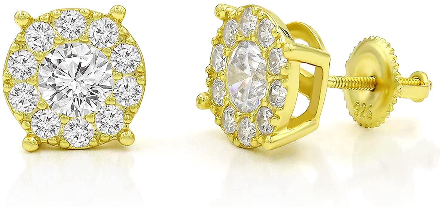 925 Sterling Silver Unisex Round Cluster Screw Back Stud Earring, Men's, Women, Gold Plated Micro Pave CZ Cubic Zirconia, Giorgio Bergamo Gold