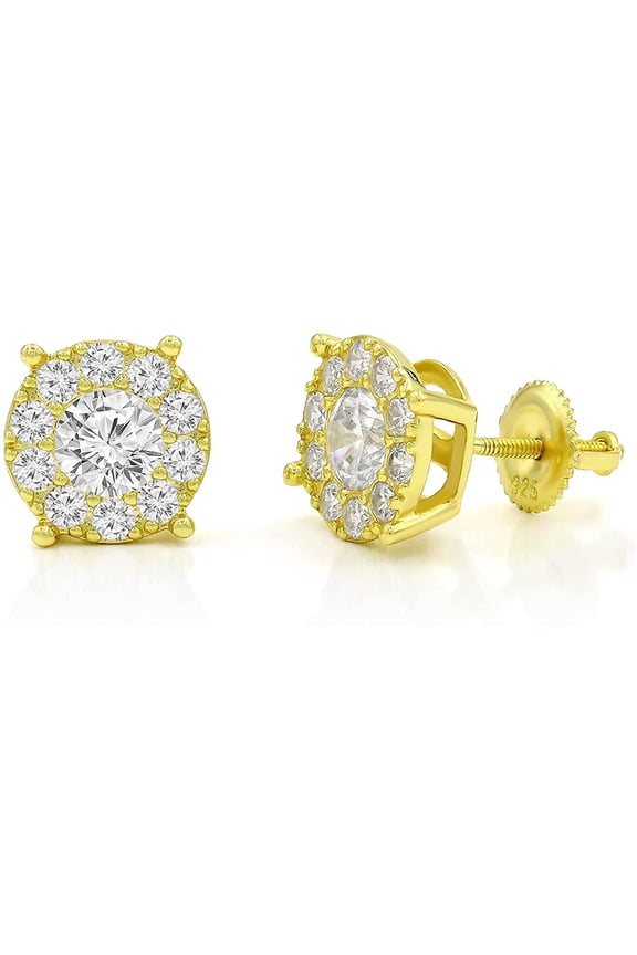 925 Sterling Silver Unisex Round Cluster Screw Back Stud Earring, Men's, Women, Gold Plated Micro Pave CZ Cubic Zirconia, Giorgio Bergamo Gold
