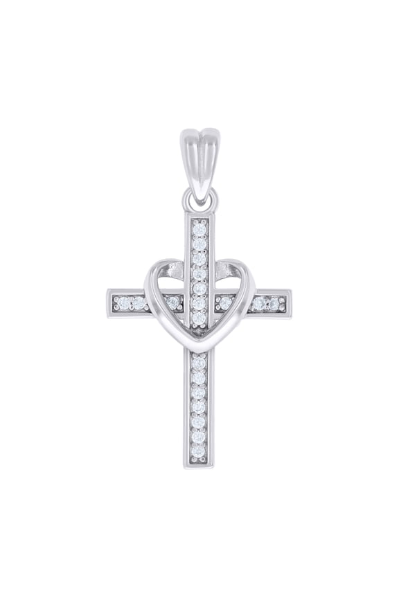 925 Sterling Silver Unisex Round Cubic-Zirconia Heart Cross Religious Charm Pendant