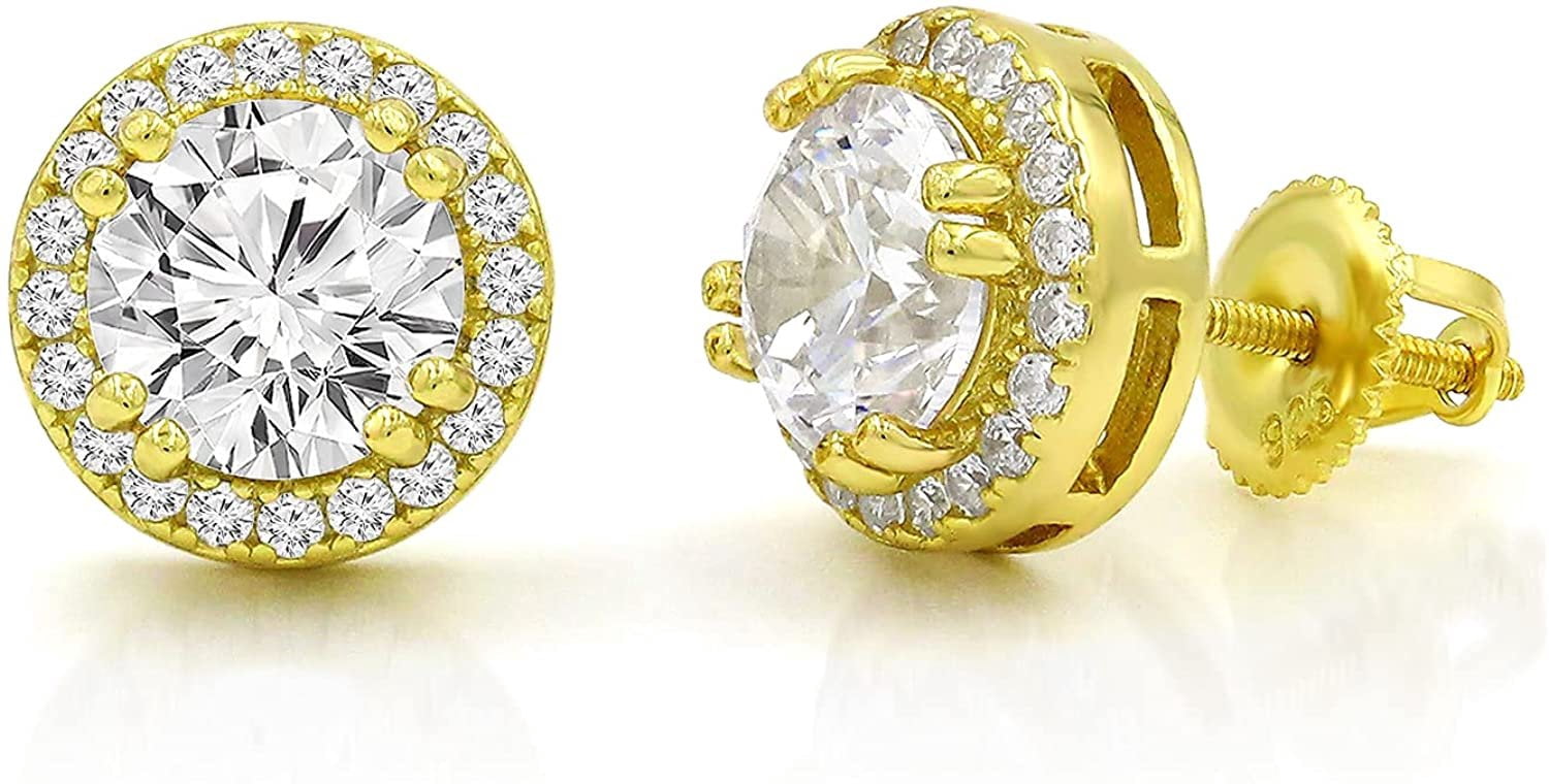 925 Sterling Silver Unisex Round Cut Screw Back Stud Earring, Men's, Women, Gold Plated Micro Pave CZ Cubic Zirconia, Giorgio Bergamo Gold