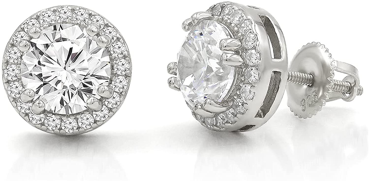 925 Sterling Silver Unisex Round Cut Screw Back Stud Earring, Men's, Women, Gold Plated Micro Pave CZ Cubic Zirconia, Giorgio Bergamo Silver