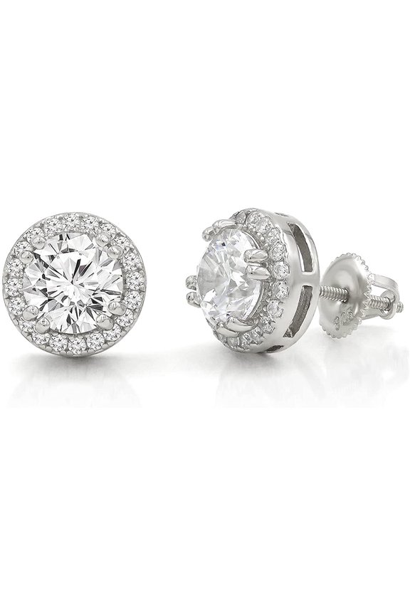 925 Sterling Silver Unisex Round Cut Screw Back Stud Earring, Men's, Women, Gold Plated Micro Pave CZ Cubic Zirconia, Giorgio Bergamo Silver