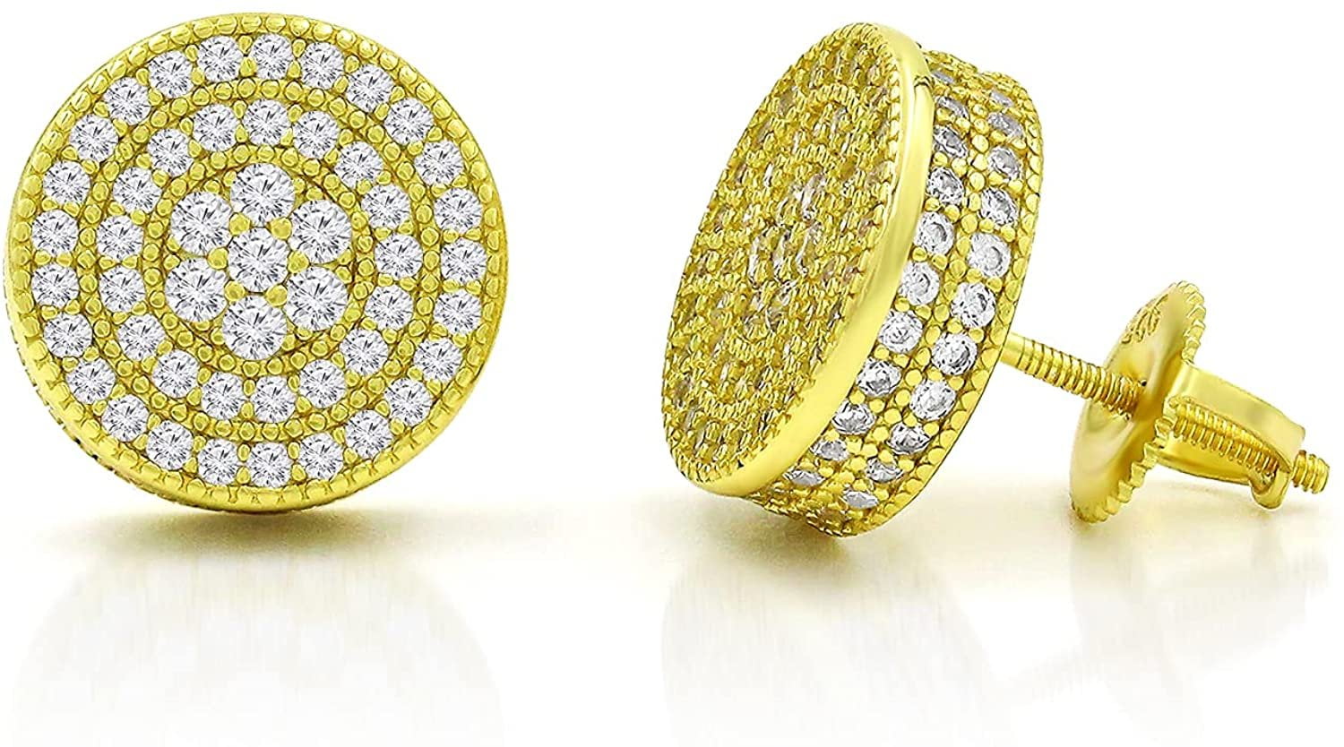 925 Sterling Silver Unisex Round Disc Screw Back Stud Earring, Men's, Women, Gold Plated Micro Pave CZ Cubic Zirconia, Giorgio Bergamo Gold