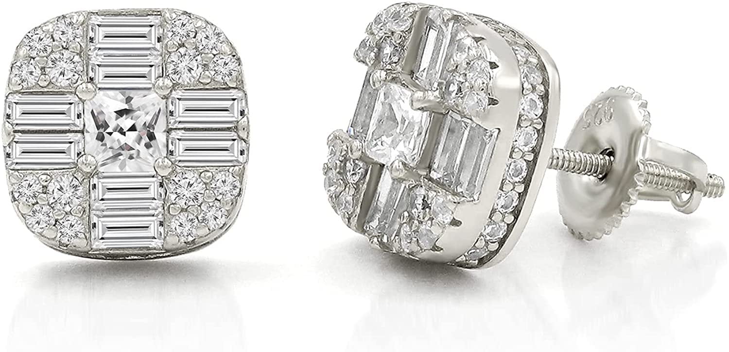 925 Sterling Silver Unisex Rounded Sqaure Princess Baguette 3D Screw Back Stud Earring, Men's, Women, Gold Plated Micro Pave CZ Cubic Zirconia, Giorgio Bergamo Silver