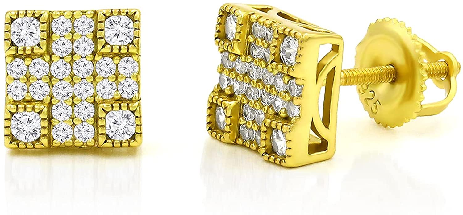 925 Sterling Silver Unisex Square 3D Screw Back Stud Earring, Men's, Women, Gold Plated 3 Dimensional Micro Pave CZ Cubic Zirconia, Giorgio Bergamo Gold